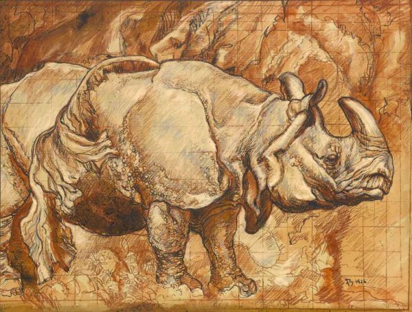 Artist Frank Brangwyn: A Powerful Rhinoceros, study for The House of Lords Mural, 1926